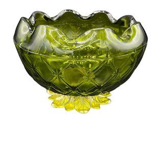 Vintage Quilted Design Indiana Glass Avocado Gree Rose Bowl MCM